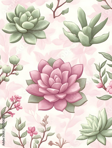 Pastel succulent and floral seamless pattern . AI generative