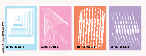 Abstract Contemporary art poster vector set. Modern cover template with orange, black and white perspective geometric prism shape. Ideal design for background, social media, banner, ads.