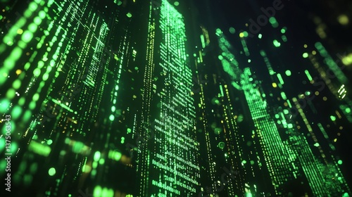 A visualization of cascading green binary code, resembling a digital landscape filled with data streams.