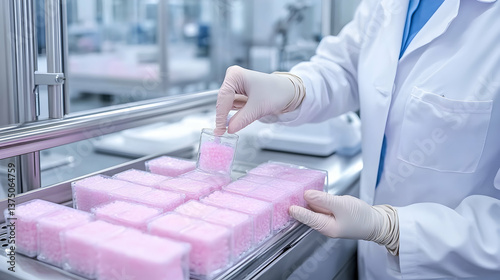Scientist in lab handling pink sample containers . AI generative