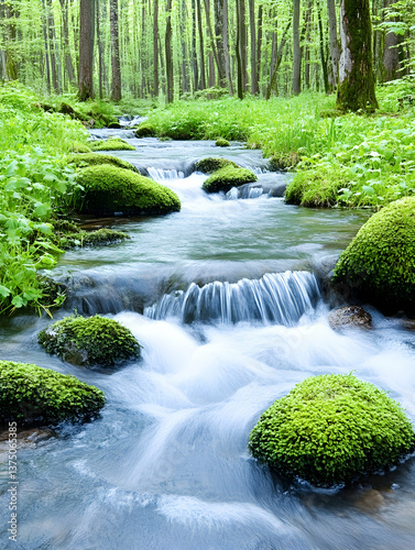 Serene stream flows through mossy forest . AI generative