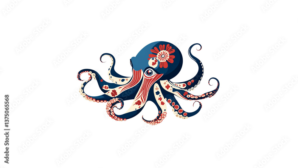 Obraz premium Ornate Octopus A Blue and Red Floral Design