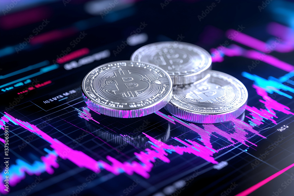 Silver cryptocurrency coins on a vibrant stock market graph . AI generative Silver cryptocurrency coins on a vibrant stock market graph . AI generative