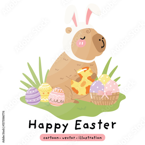 Happy Easter Capybara in bunny ears. Cute cartoon kawaii animal. Capybara vector illustration