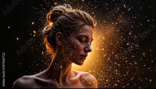 Woman with closed eyes, experiencing calm, against a cosmic background.

