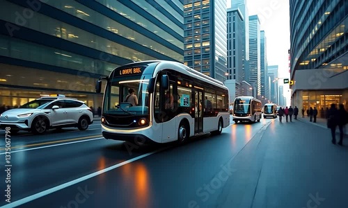 Futuristic Electric Buses on City Street