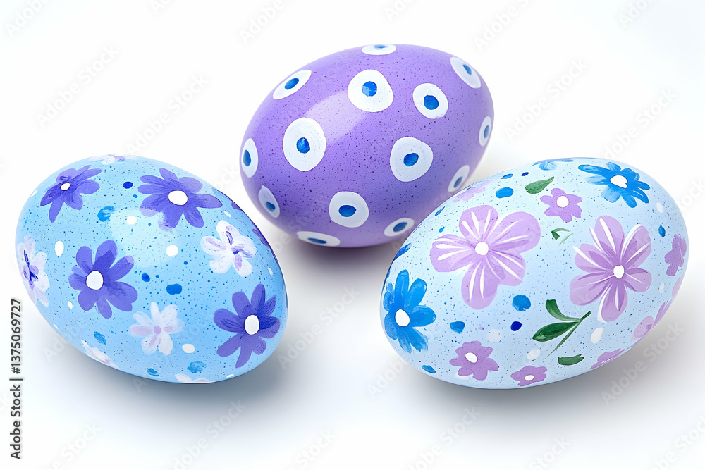 Three hand-painted Easter eggs in pastel shades of blue and purple with floral and polka dot designs . AI generative