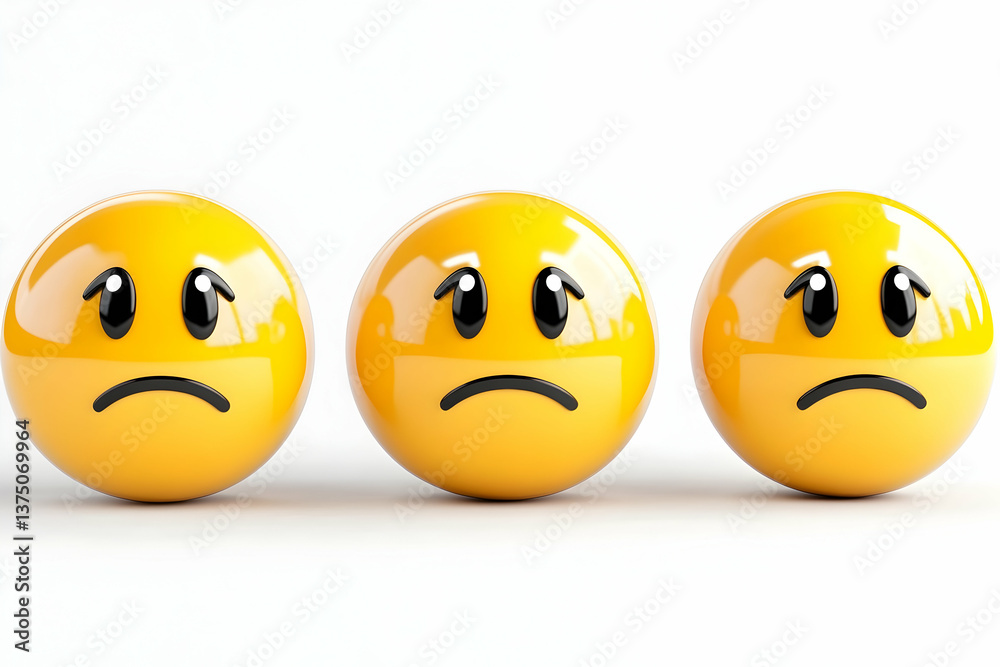 Three sad, glossy yellow emoticons in a row on white background . AI generative