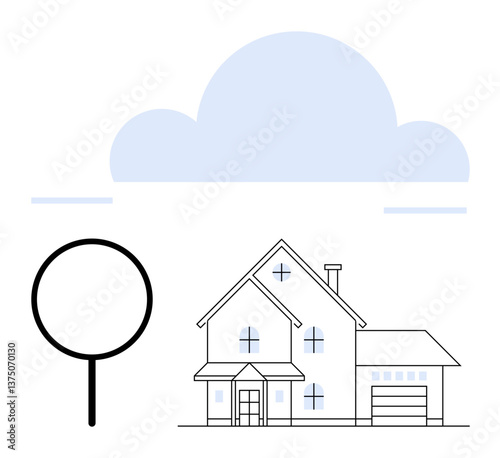 Two-story house with attached garage, simple tree, and soft cloud above. Ideal for real estate, housing, sustainability, architecture, urban planning air quality homeownership. Flat simple metaphor