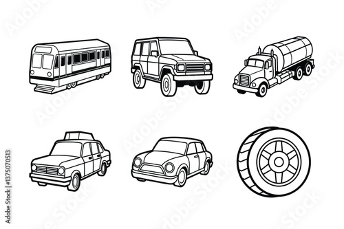 A Bundle of vehicle-related icons set with various symbols and elements in a doodle style