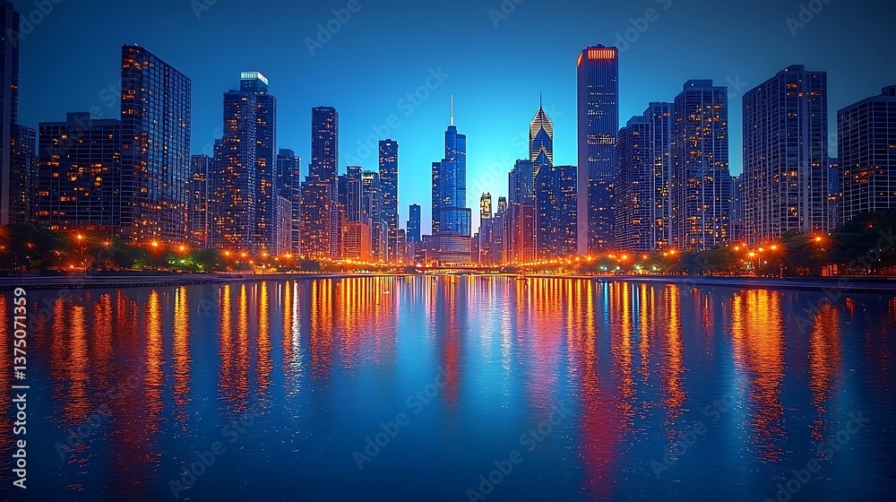 Fototapeta premium Chicago skyline reflections with glowing lights high resolution wallpaper