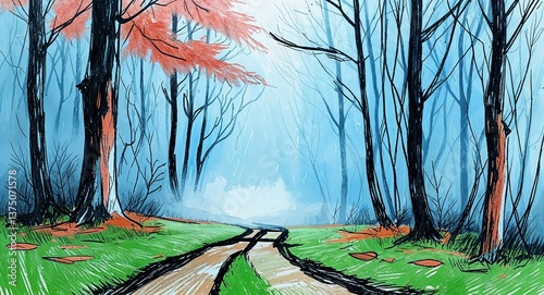 drawing Early morning mist over medieval forest with fallen leaves and narrow path art child doodle artwork illustration art design