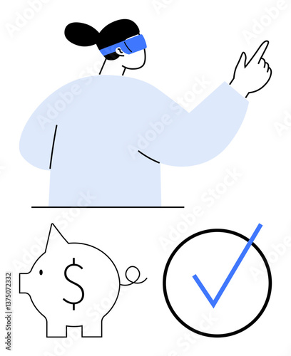 Woman gestures in virtual reality with VR headset. Savings piggy bank, financial goals, and approval checkmark. Ideal for finance, technology, investment, innovation, planning security education