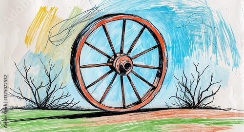 drawing Faded stagecoach wheel with cracked spokes on dusty trail art child doodle artwork illustration art design