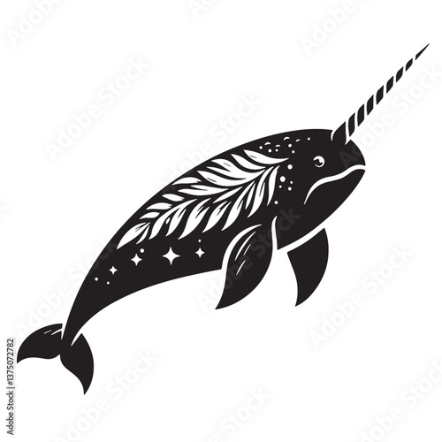 Black Narwhal Silhouette Vector, High Quality Illustration on White Background