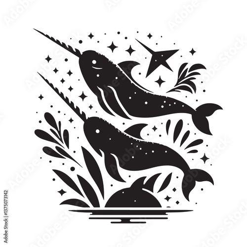 Black Narwhal Silhouette Vector, High Quality Illustration on White Background