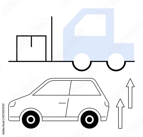 Forklift with box beside a small vehicle and upward direction arrows. Ideal for transport, shipping, logistics, delivery, warehouse management, business growth, flat simple metaphor