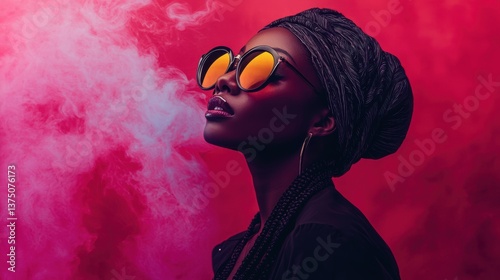 Fashionable Black Woman in Head Wrap and Sunglasses Against Pink Smoke Background