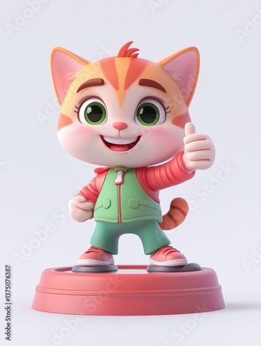 animal cat 3d character rende, Cheerful Cartoon Cat in Red And Green Jacket Giving Thumbs Up