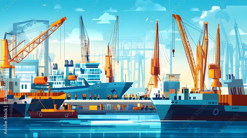 Obraz premium Busy port cranes loading cargo ships