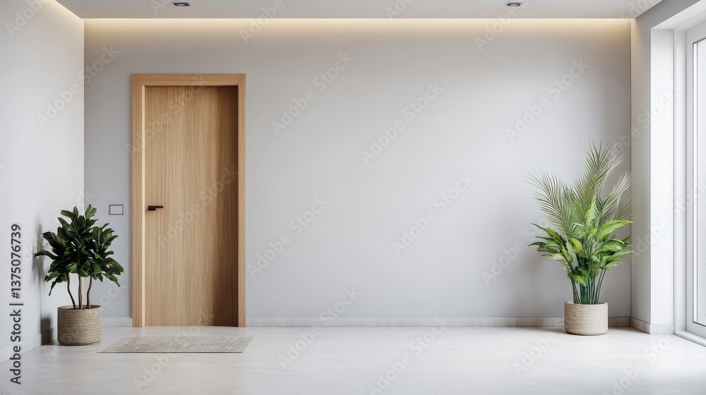 Fototapeta premium Minimalist interior design open space mindfulness. Modern interior with wooden door, plants, and minimalistic design in bright space.