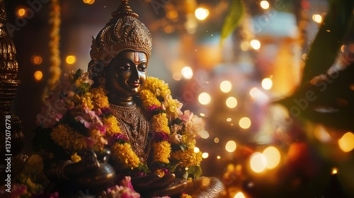 A serene image of an idol of Perumal adorned with flowers and lights photo