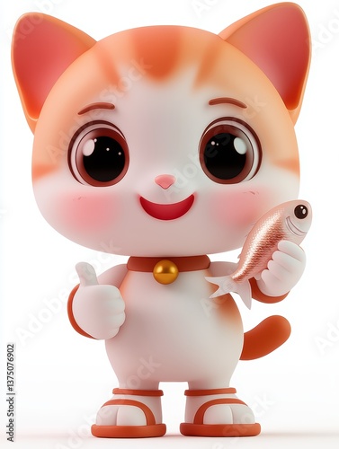 animal cat 3d character rende, Cute Orange and White Cartoon Cat with Fish