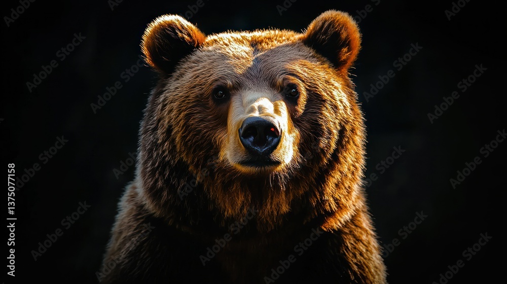 Fototapeta premium Majestic Brown Bear Portrait: A Wild Encounter in the Dark