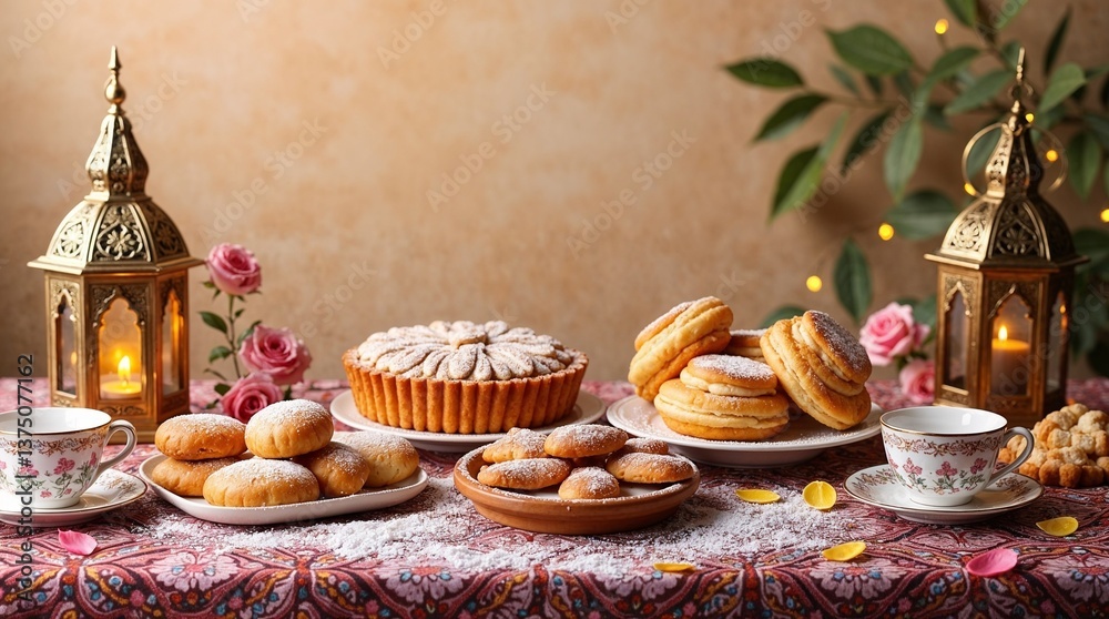 Fototapeta premium Traditional Middle Eastern sweets displayed on a table with tea cups, floral decorations, and lanterns