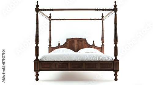 A large wooden bed with a canopy and white sheets
