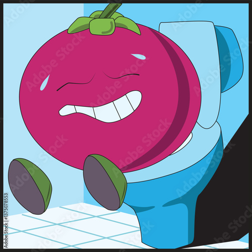 Mangosteen character is experiencing abdominal pain. Mangosteen kid is sitting in toilet. Constipation and hemorrhoids. Problems with defecation.