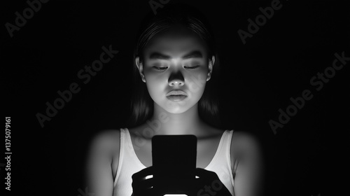 Black and white portrait of a young woman with her eyes closed, holding a smartphone in her hands. she is wearing a sleeveless tank top and her hair is pulled back in a ponytail.