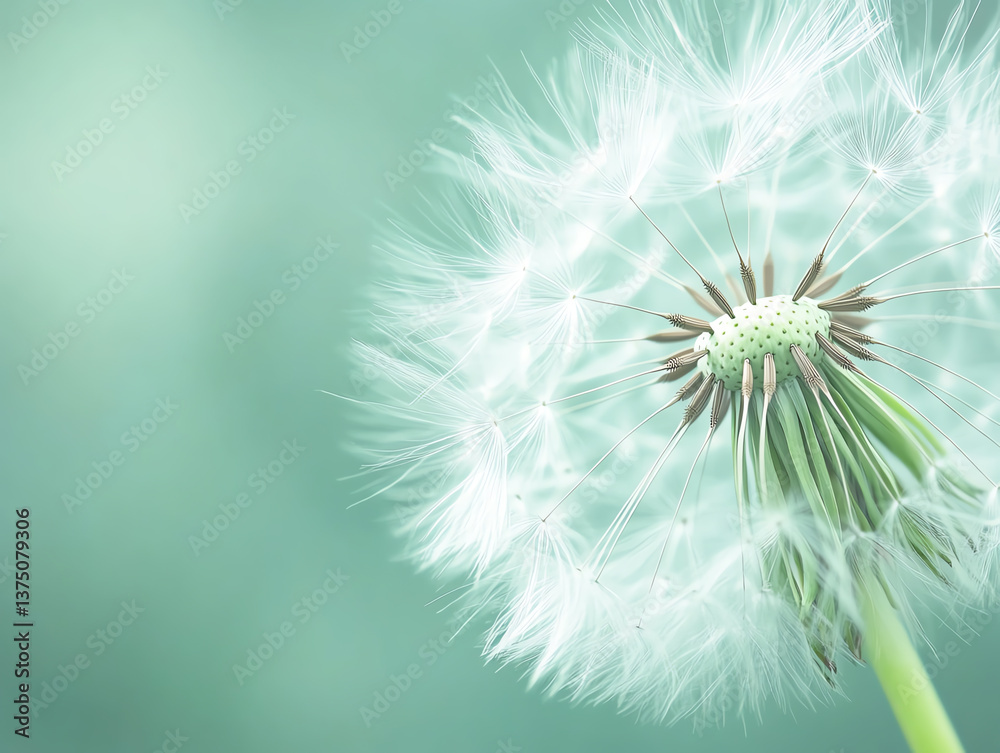 Fototapeta premium A close-up of a delicate dandelion seed head against a soft green backdrop, capturing nature's beauty and fragility.