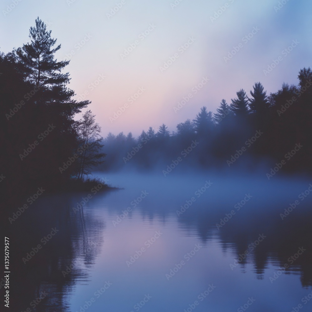 Misty dawn lake reflecting trees and sky Misty dawn lake reflecting trees and sky