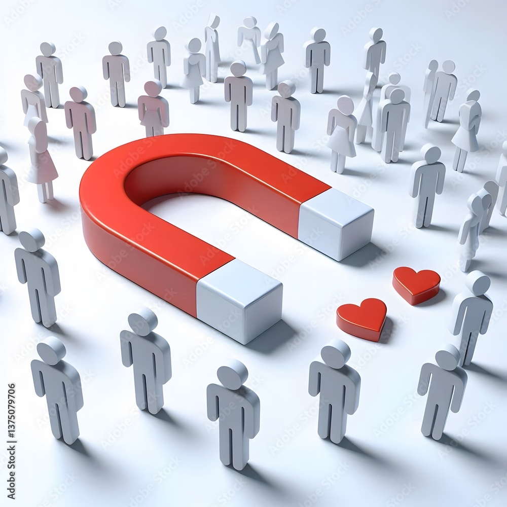 3D-rendered red and white horseshoe magnet attracts a crowd of blue human figures, symbolizing customer acquisition, marketing strategy, and social influence. Set against a blue background. 3D-rendered red and white horseshoe magnet attracts a crowd of blue human figures, symbolizing customer acquisition, marketing strategy, and social influence. Set against a blue background.