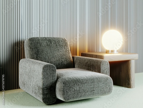 Focus on a peaceful reading nook with a gray lounge chair, a small wooden bookshelf, and soft, diffused lighting.