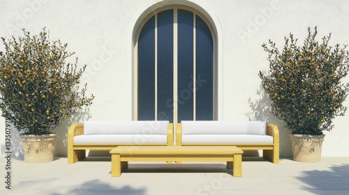 Capture a serene outdoor space with gray patio furniture and wooden accents, blending indoor comfort with the beauty of nature.