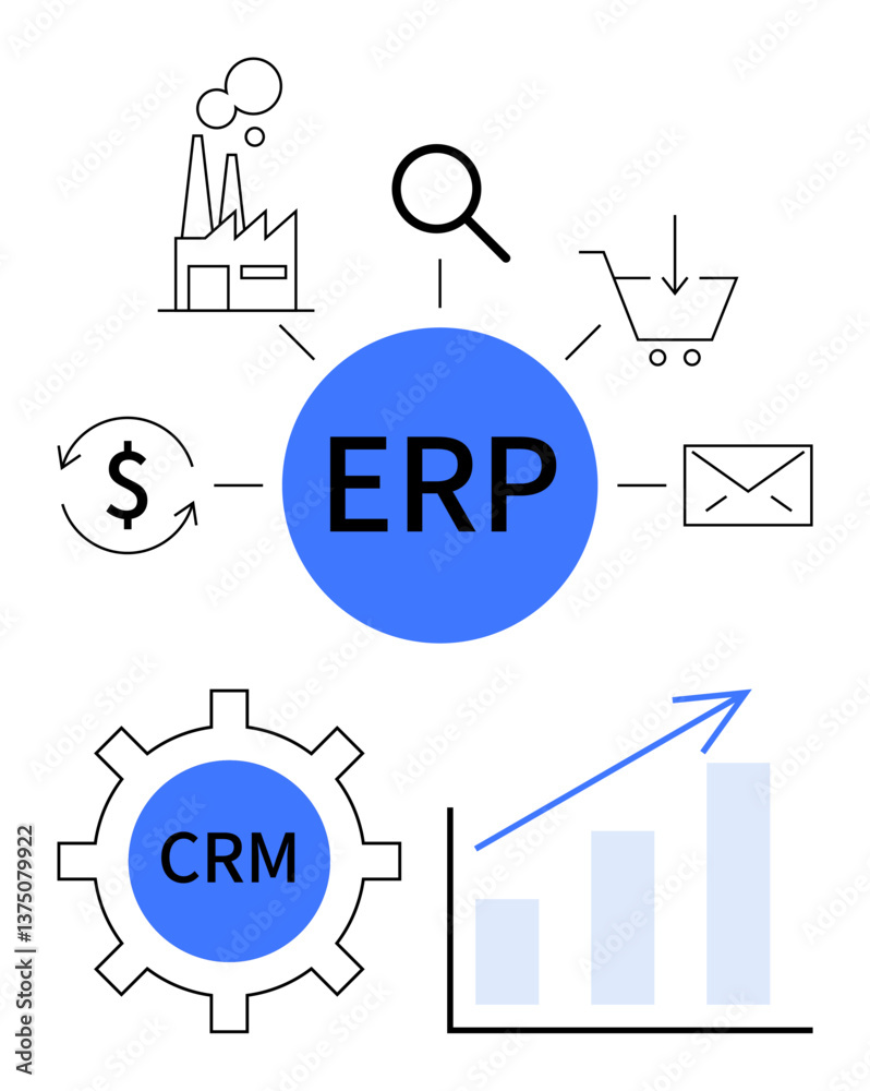 Central ERP node connects to CRM gear, analytics graph, finance cycle, e-commerce cart, email, and manufacturing diagram. Ideal for business, integration, workflow data management software tech Central ERP node connects to CRM gear, analytics graph, finance cycle, e-commerce cart, email, and manufacturing diagram. Ideal for business, integration, workflow data management software tech
