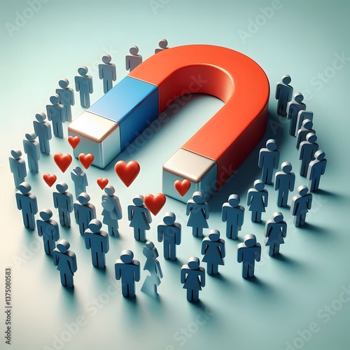 Wallpaper Mural 3D-rendered red and white horseshoe magnet attracts a crowd of blue human figures, symbolizing customer acquisition, marketing strategy, and social influence. Set against a blue background. Torontodigital.ca