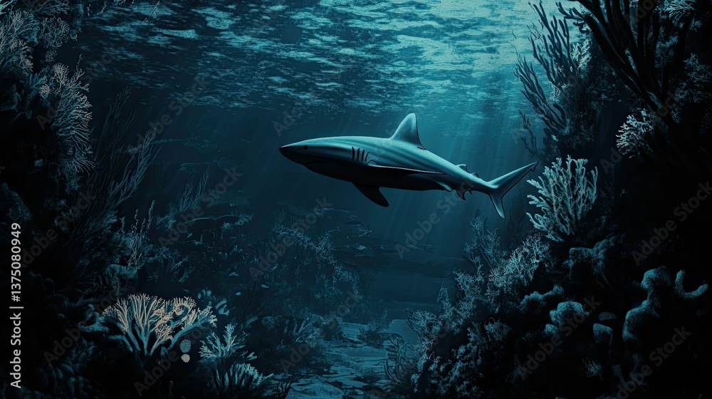 Fototapeta premium Shark swims through dark, underwater coral reef.