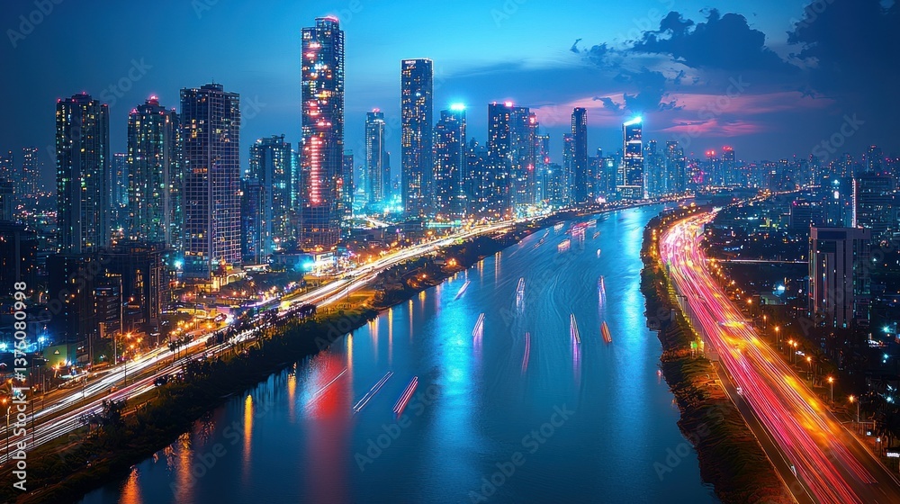 Night Cityscape: Panoramic View of Illuminated Skyscrapers and River at Twilight Night Cityscape: Panoramic View of Illuminated Skyscrapers and River at Twilight