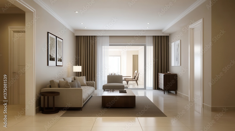 Fototapeta premium Minimalist interior design open space mindfulness. Modern living room with elegant decor, featuring light colors and stylish furnishings.