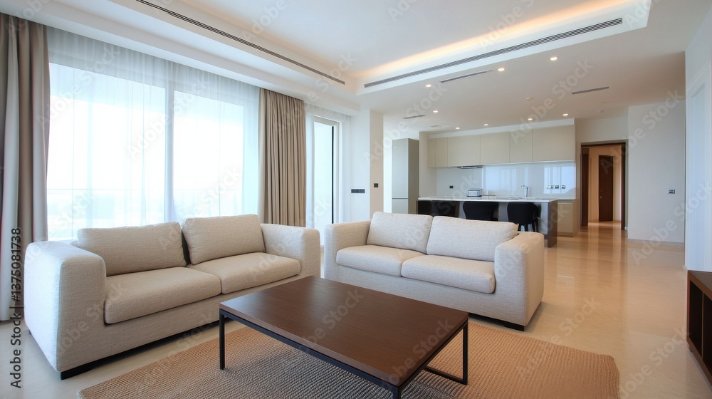 Fototapeta premium Minimalist interior design open space mindfulness. Modern living room featuring light furniture, large windows, and an open kitchen layout.