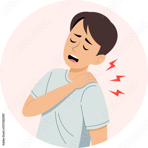 illustration of a young man experiencing shoulder pain. His facial expression shows discomfort.