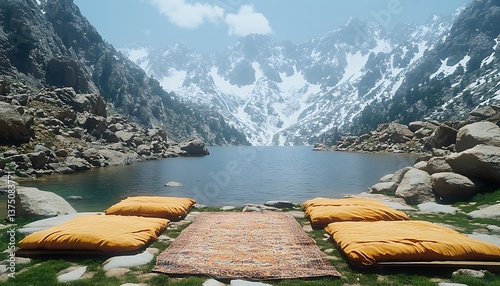 Fototapeta Naklejka Na Ścianę i Meble -  Mountain lake meditation retreat.