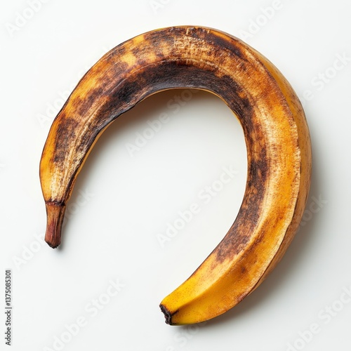 Brown Blemished Banana Curved on White Surface in Bright Studio Light with Detailed Texture and Natural Shadows for Advertising