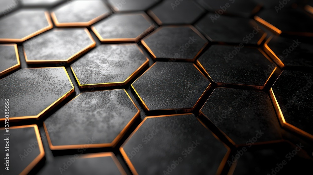 Abstract Hexagon Pattern: Dark Metal and Orange Accents Abstract Hexagon Pattern: Dark Metal and Orange Accents