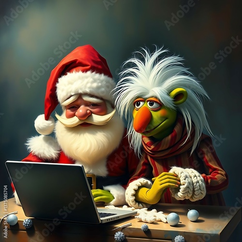 Santa claus and a cartoon character with laptop