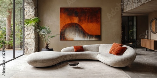 Chic Modern Living Room with Serpentine Sofa, Abstract Art, and Natural Light