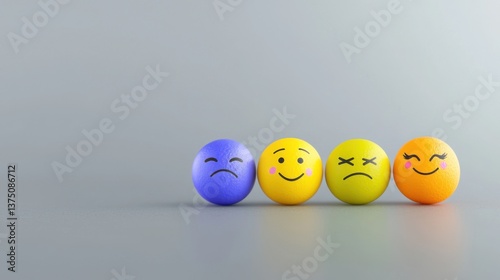 Four colorful emoticon spheres display various emotions like sadness happiness and stress on a gray background representing feelings.